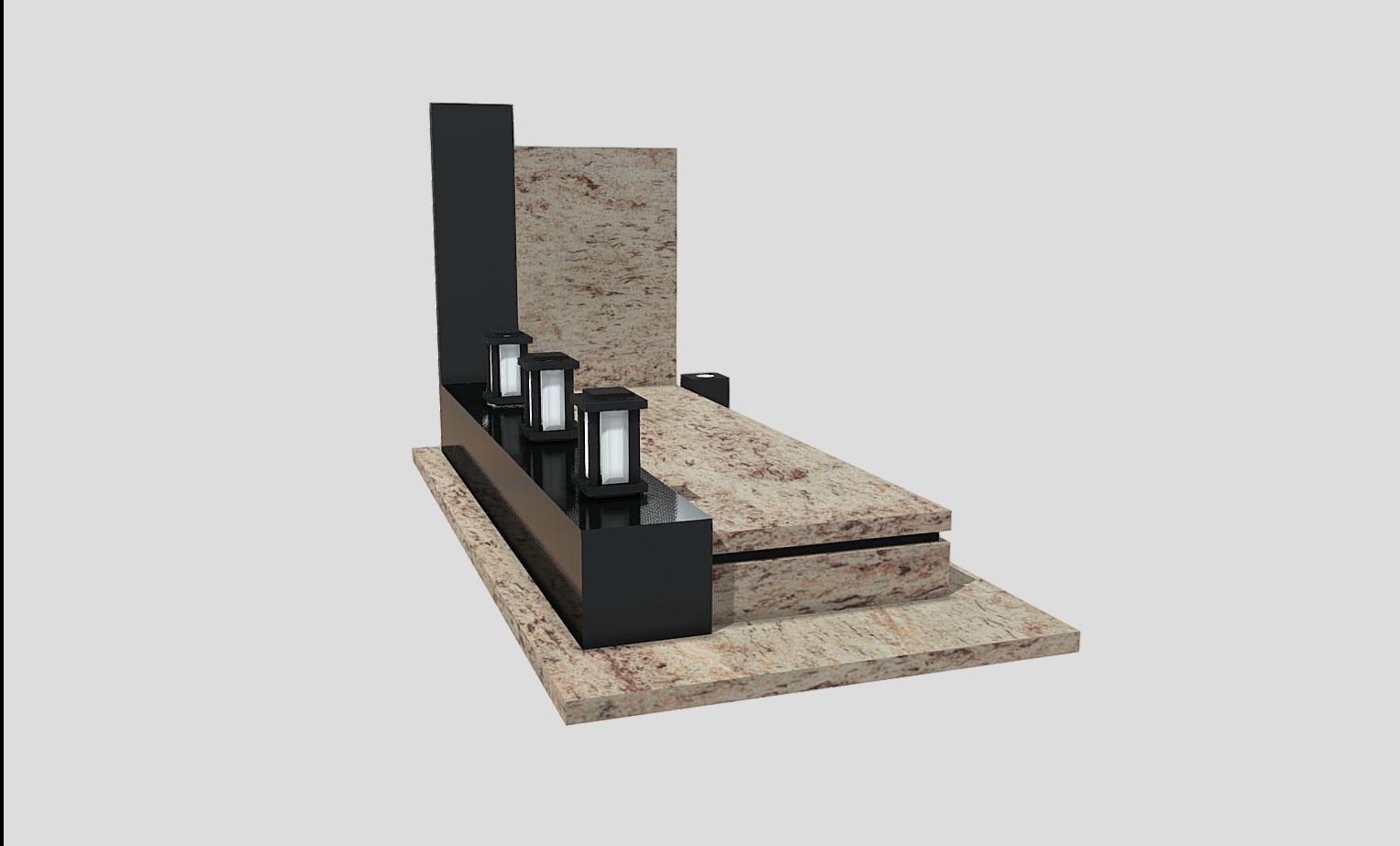 Wizualizacja nagrobka z jasnego kamienia z czarnymi elementami i lampionami, ustawionego na jasnym tle. Prezentacja projektu.
