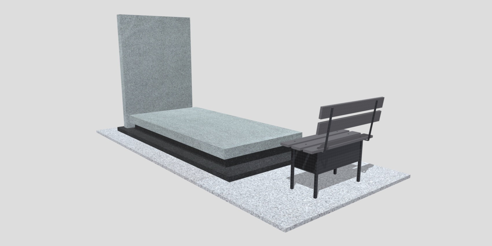 Wizualizacja nagrobka z jasnego kamienia z ławką, na jasnym tle. Prosta forma, nowoczesny design. Widok z boku, lekko z góry. Prezentacja projektu.