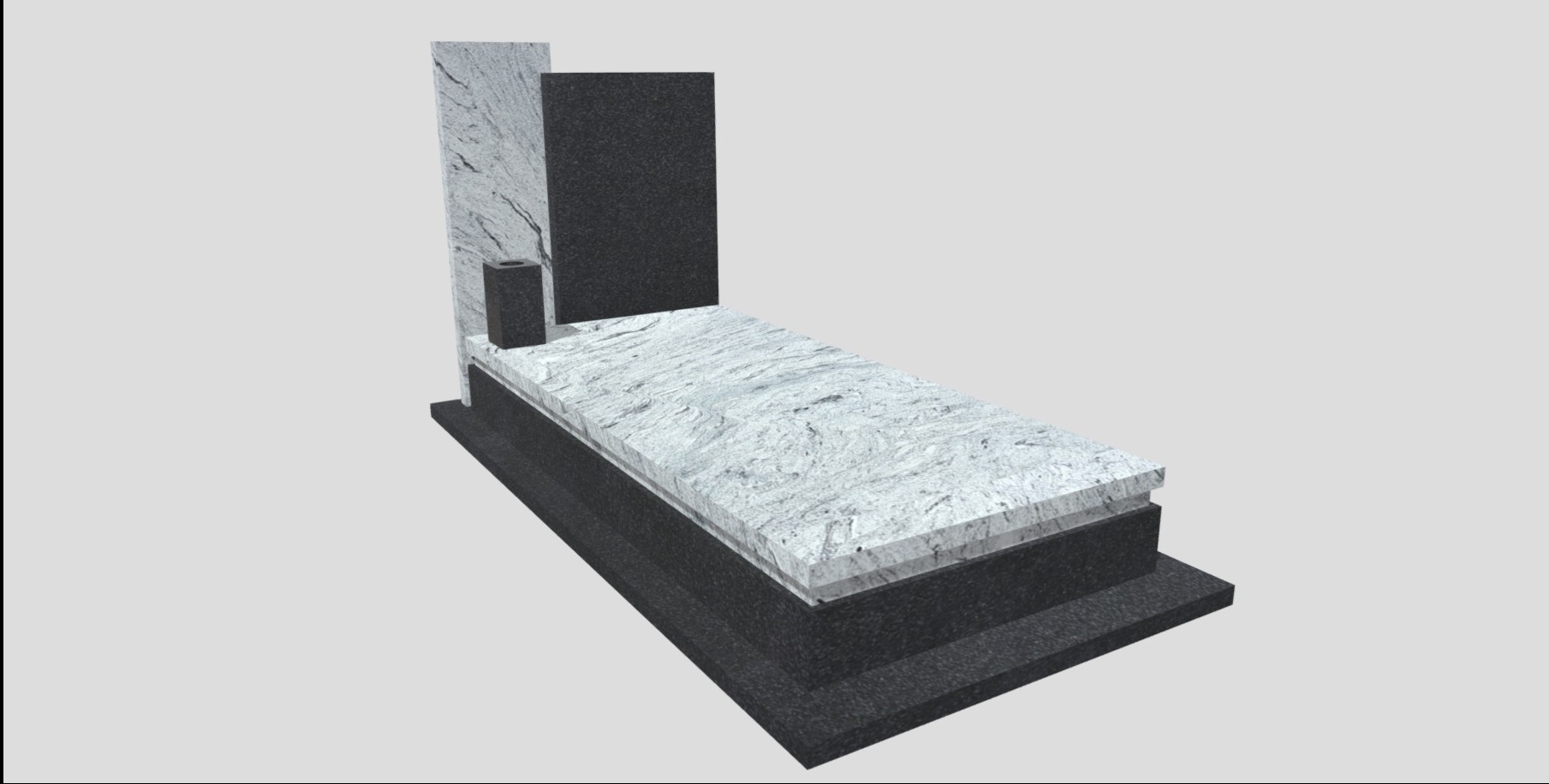 Wizualizacja 3D: nowoczesny pomnik z jasnego i ciemnego granitu, z wyraźną fakturą kamienia. Minimalistyczny design, gładkie powierzchnie, neutralne tło.