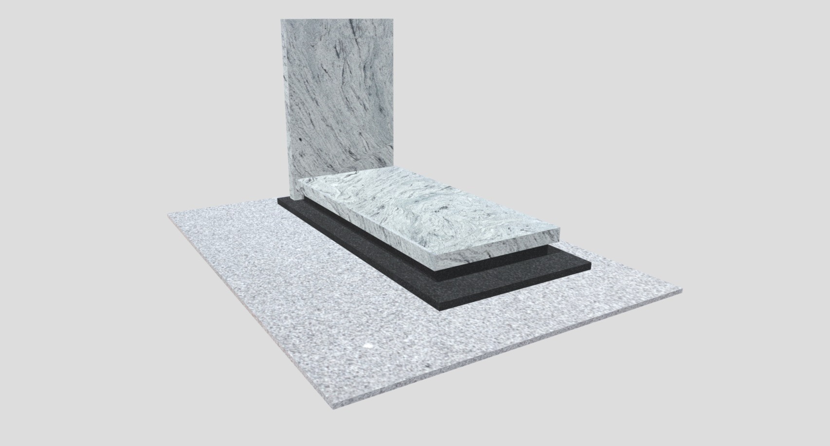 Wizualizacja 3D nagrobka z jasnego granitu z ciemną podstawą, na jasnoszarym tle. Ujęcie z góry, prezentujące strukturę kamienia i warstwową konstrukcję.