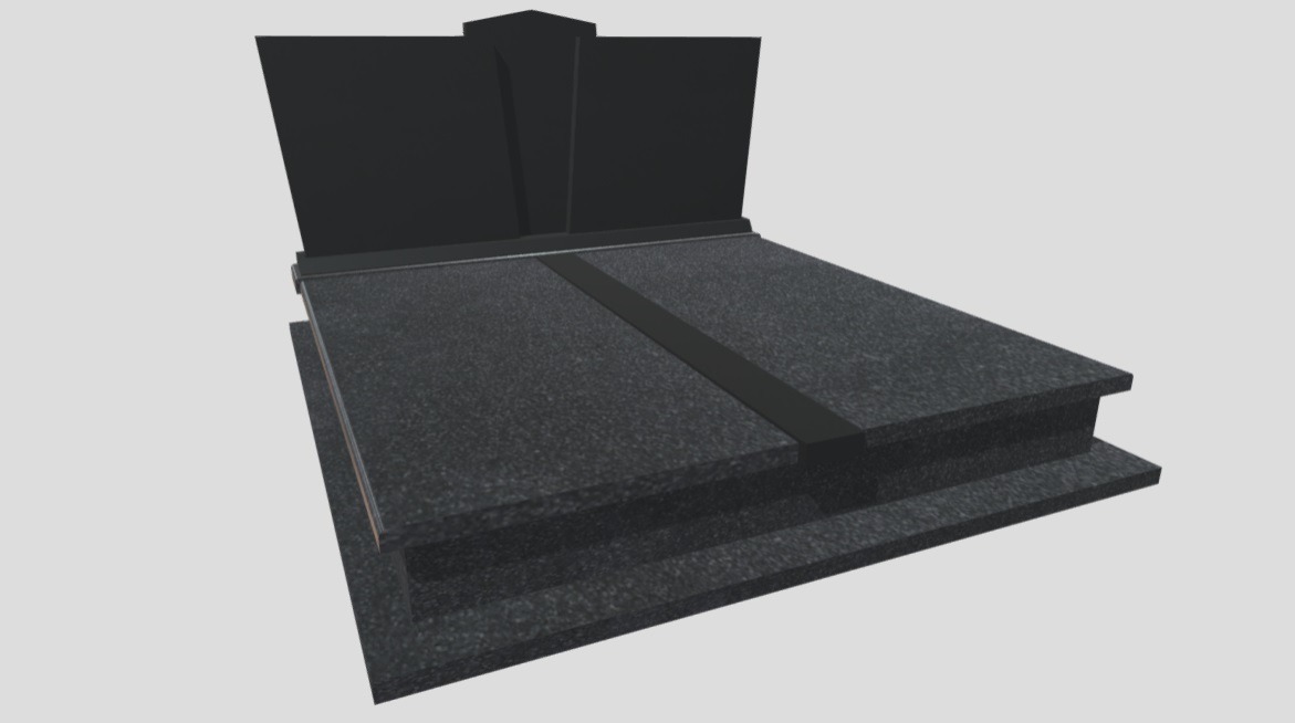 Wizualizacja 3D ciemnego, granitowego pomnika z centralnym pasem. Minimalistyczny projekt z dwupoziomową podstawą i pionową płytą nagrobkową. Stonowana kolorystyka, gładkie powierzchnie.
