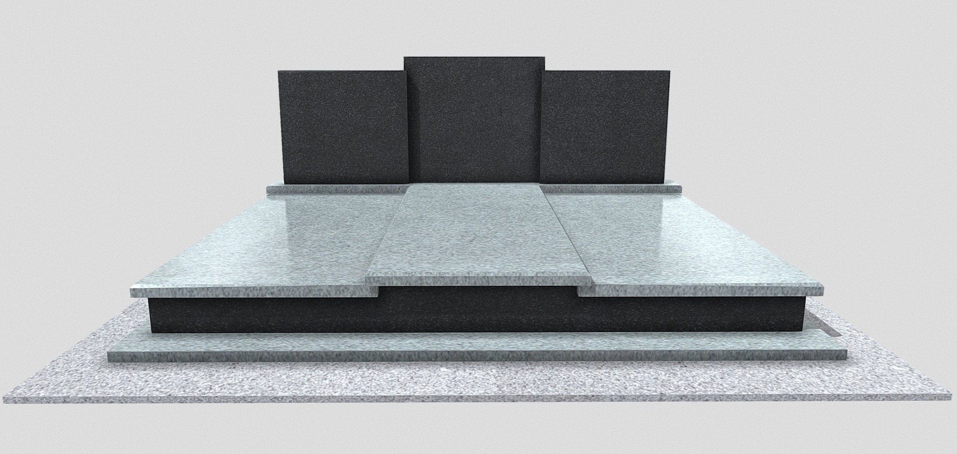 Nowoczesny pomnik z jasnego i ciemnego granitu, składający się z trzech pionowych płyt i kilku poziomych warstw, na jasnym tle. Minimalistyczny design.