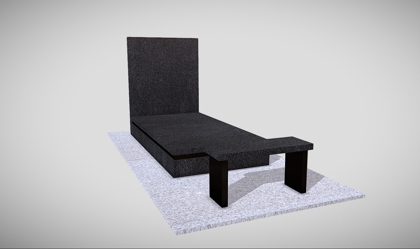 Wizualizacja 3D ciemnego pomnika z granitu na jasnej płycie. Minimalistyczny projekt z prostokątną płytą i pionową tablicą. Prezentacja w neutralnym otoczeniu.