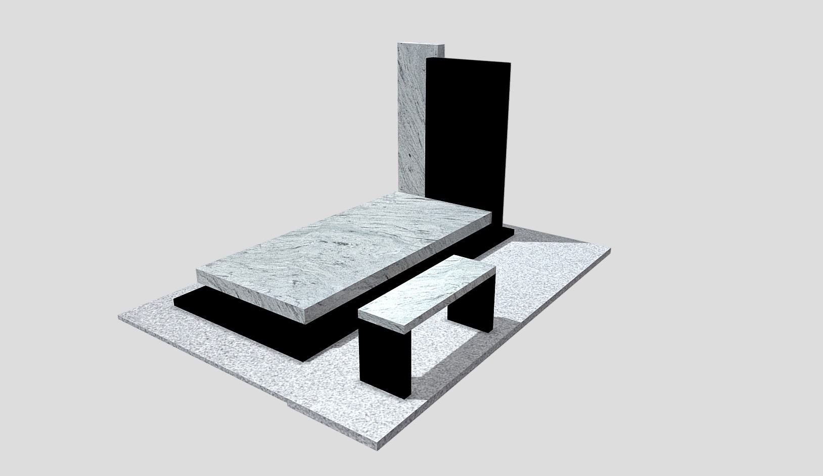 Wizualizacja 3D nowoczesnego pomnika z jasnego granitu z czarnymi elementami, obejmującego płytę, stelę i ławkę, na jasnoszarym tle.