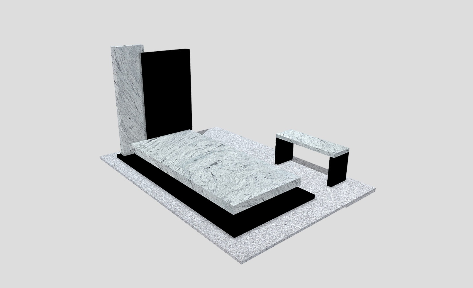 Wizualizacja 3D nowoczesnego pomnika z jasnego granitu z czarnymi elementami, obejmującego płytę, stelę i ławkę, na jasnym tle. Minimalistyczny design.