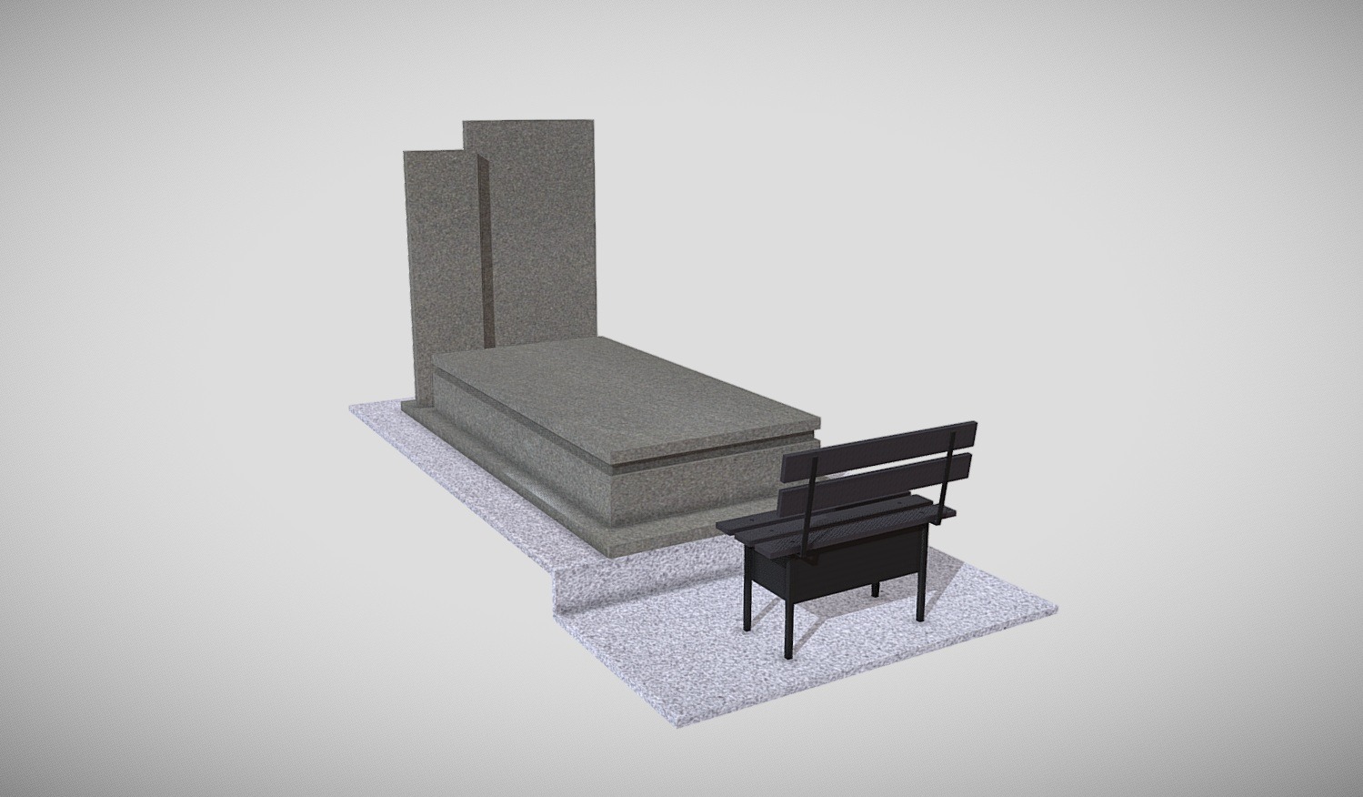 Wizualizacja 3D: Szary pomnik z ławką na jasnym tle. Prezentacja projektu nagrobka z elementami małej architektury cmentarnej. Stonowana kolorystyka.