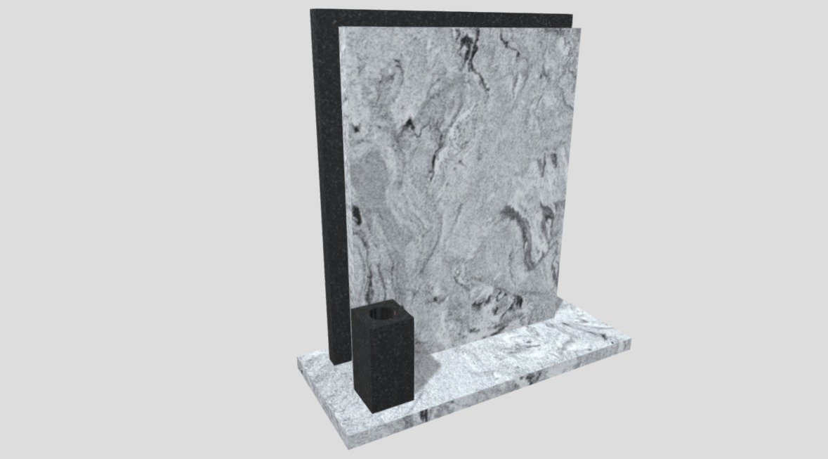 Wizualizacja nagrobka z jasnoszarego i czarnego granitu z wazonem, prezentująca wzór kamienia i detale wykończenia.