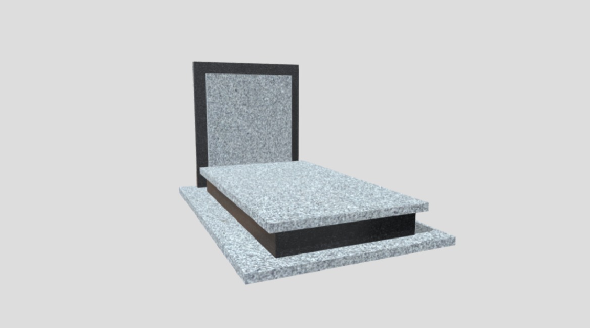 Granitowy pomnik z ciemnoszarą obwódką płyty nagrobnej, prezentowany na jednolitym, jasnym tle.