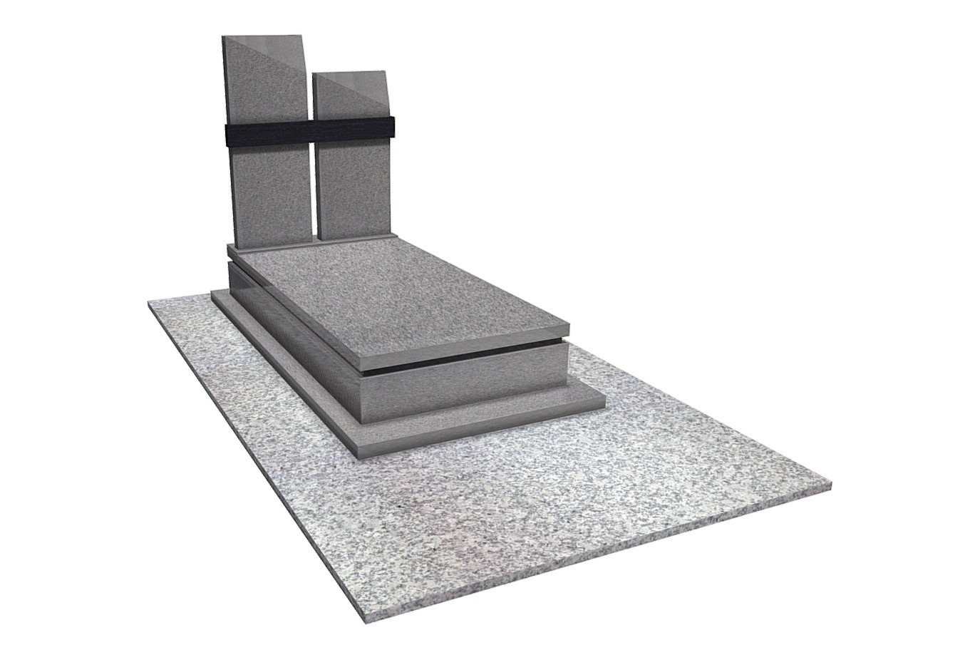 Wizualizacja komputerowa nowoczesnego pomnika z szarego granitu z czarnym akcentem, ukazana pod kątem, prezentująca detale wykończenia i fakturę kamienia.