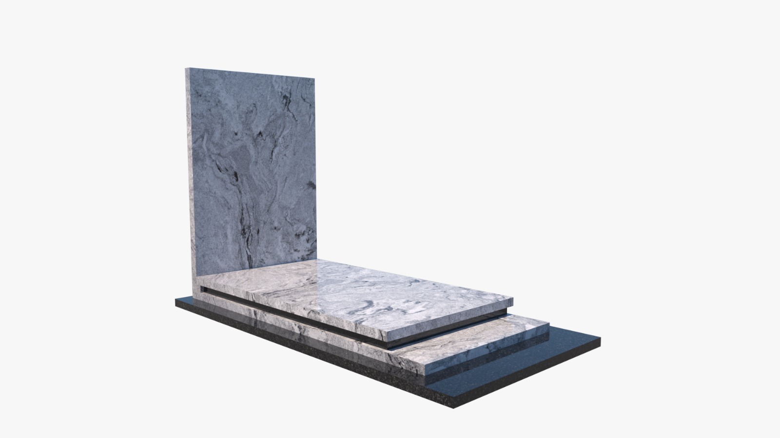 Wizualizacja nagrobka z szarego marmuru z wyraźnym rysunkiem żyłkowania, składającego się z pionowej płyty i dwupoziomowej podstawy na ciemnej, gładkiej bazie.