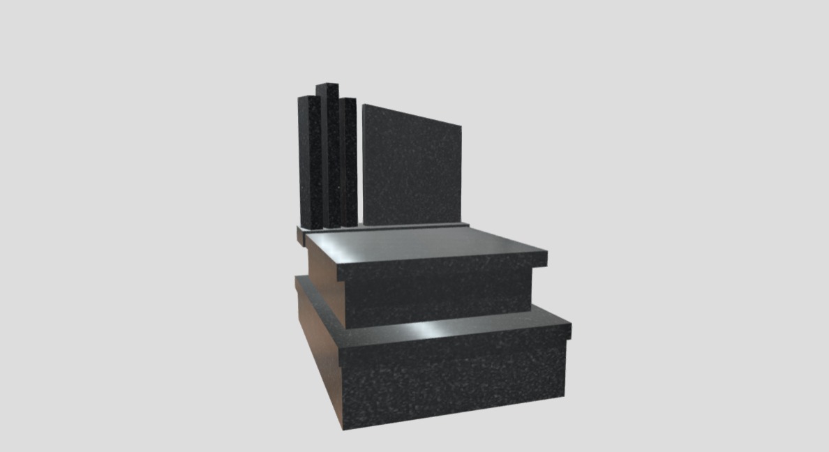Wizualizacja komputerowa czarnego pomnika z granitu z trzema pionowymi kolumnami po lewej stronie i ukośną płytą nagrobkową po prawej, na dwupoziomowej podstawie.