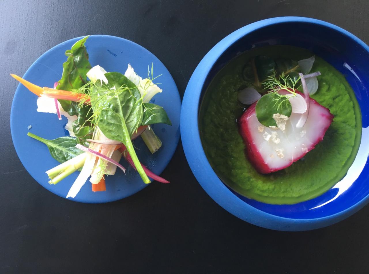Dwie niebieskie miseczki z nowoczesnymi daniami: sałatka warzywna na płaskim talerzu i zielony krem z plastrem ryby z czerwoną skórką w głębokiej misce.