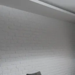 Wykończona ściana w salonie z efektem białej cegły, wykonana z płyt imitujących cegłę, widoczny fragment telewizora i szara ściana boczna.