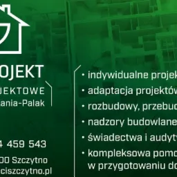 Grafika reklamowa biura projektowego CAD PROJEKT z logotypem domu z listkiem, danymi kontaktowymi i listą usług, na zielonym tle z planem budynku.