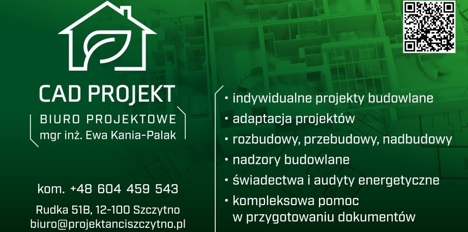 Grafika reklamowa biura projektowego CAD PROJEKT z logotypem domu z listkiem, danymi kontaktowymi i listą usług, na zielonym tle z planem budynku.