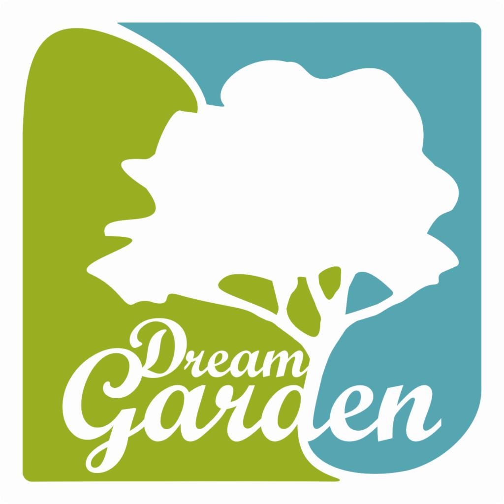Logo firmy ogrodniczej Dream Garden z białym drzewem na tle zielono-niebieskim.