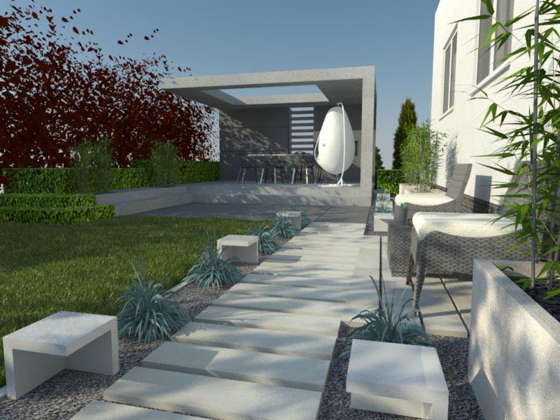 Wizualizacja nowoczesnego ogrodu z betonową ścieżką, minimalistyczną pergolą, wiszącym fotelem w kształcie kropli i meblami ogrodowymi z rattanu, uzupełnionego o roślinność ozdobną i trawnik.