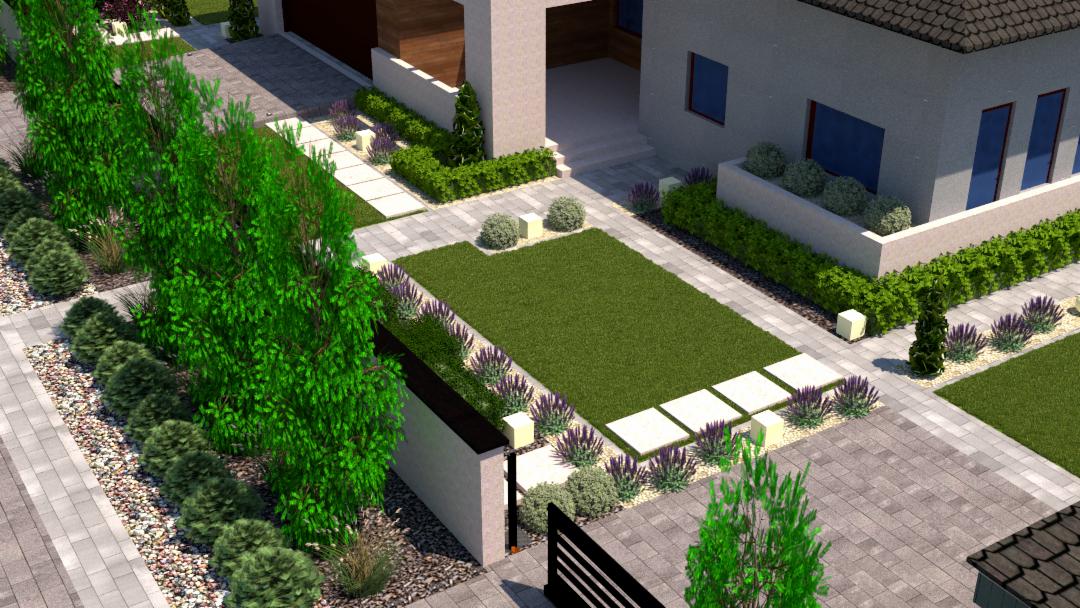 Wizualizacja nowoczesnego ogrodu przydomowego z równo przystrzyżonym trawnikiem, ścieżką z jasnych płyt, niskimi krzewami i drzewami, otoczonego kostką brukową i elementami małej architektury.