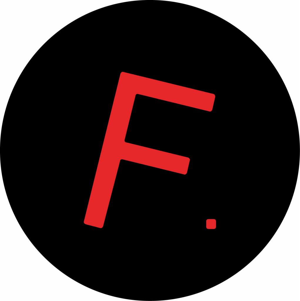 Czerwona litera F z kropką w prawym dolnym rogu, umieszczona na czarnym okręgu.