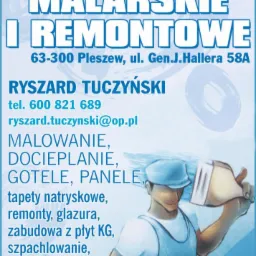 Plakat reklamowy firmy remontowo-budowlanej oferującej usługi malarskie, dociepleniowe, montaż paneli, tapet natryskowych, remonty, glazurę, zabudowy z płyt KG, szpachlowanie, wykończenia wnętrz...