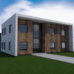 Wizualizacja dwukondygnacyjnego budynku biurowego z drewnianą elewacją i dużymi oknami, otoczonego trawnikiem i ścieżką z kostki.