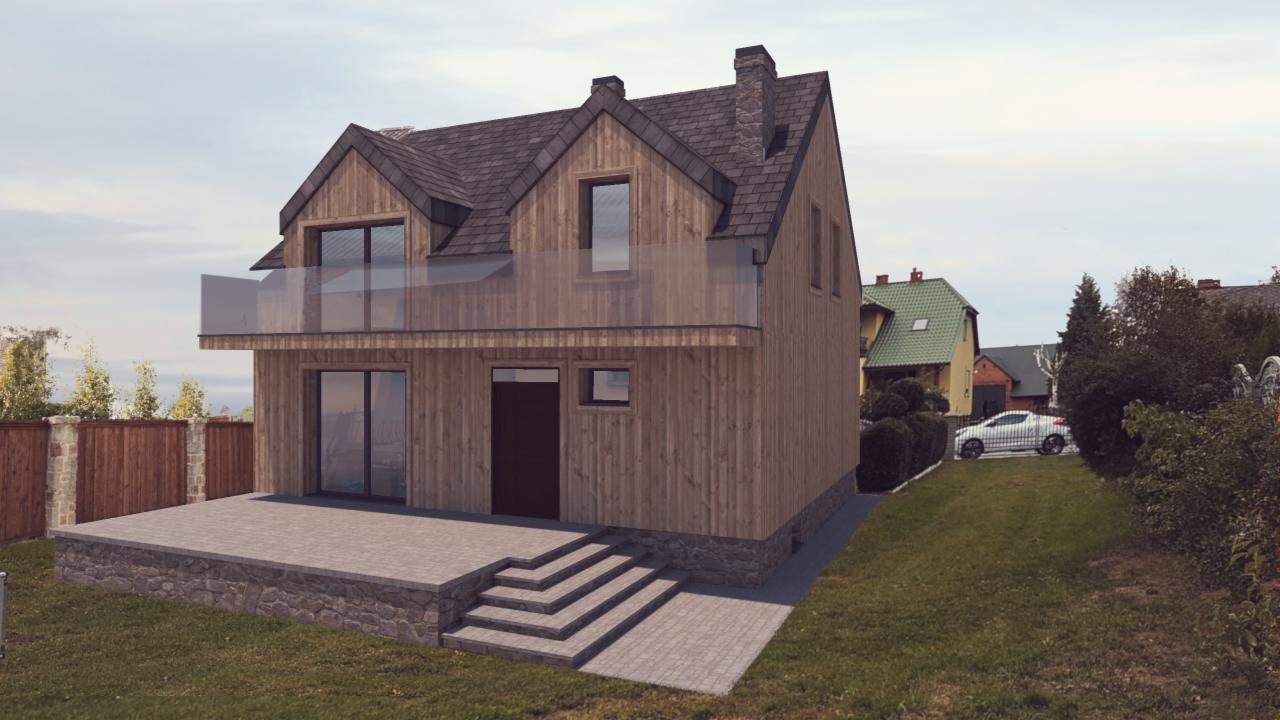Wizualizacja domu jednorodzinnego z drewnianą elewacją, balkonem ze szklaną balustradą i kamienną podmurówką, na tle innych budynków i zieleni.