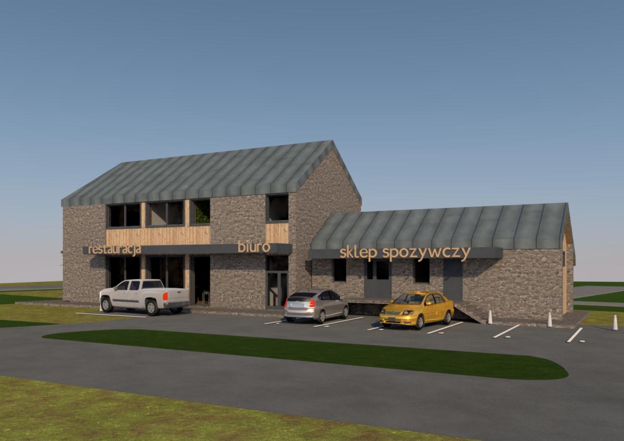 Wizualizacja budynku usługowego z restauracją, biurem i sklepem spożywczym, z parkingiem i trzema samochodami.