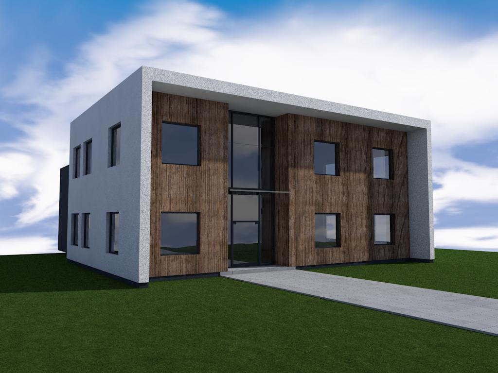 Wizualizacja dwukondygnacyjnego budynku biurowego z drewnianą elewacją i dużymi oknami, otoczonego trawnikiem i ścieżką z kostki.
