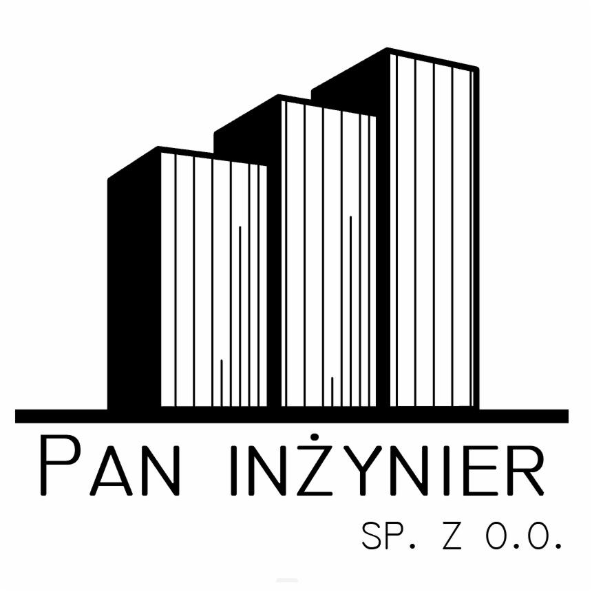 Minimalistyczne logo firmy budowlanej 'Pan Inżynier Sp. z o.o.' z trzema stylizowanymi budynkami o różnej wysokości, przedstawionymi w czerni i bieli.