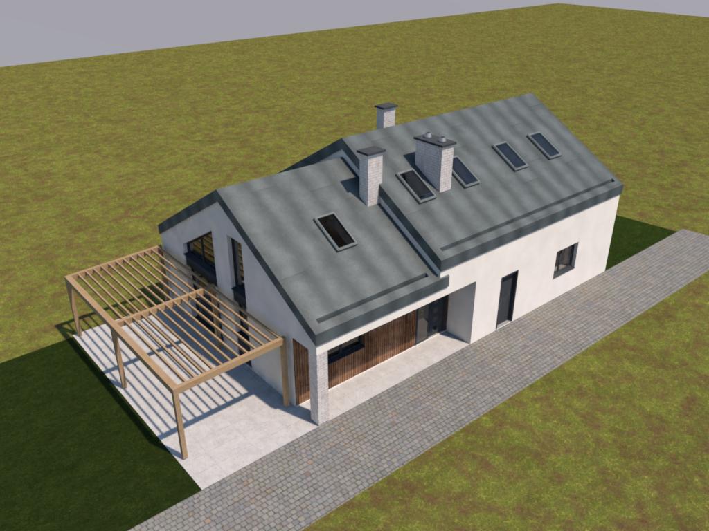 Wizualizacja 3D nowoczesnego domu jednorodzinnego z pergolą, szarą dachówką i brukowanym podjazdem na tle trawnika.