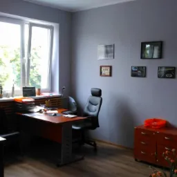 Wnętrze biura z biurkiem, krzesłem obrotowym, komodą i dekoracjami ściennymi, w tle okno z widokiem na zieleń oraz plakat z sentencjami motywacyjnymi.