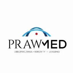Logo firmy PRAWMed oferującej ubezpieczenia, kredyty i leasingi, z niebieskim łukiem i czerwoną kropką nad nazwą firmy.