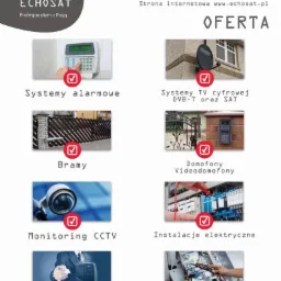 Oferta firmy Echosat prezentująca systemy alarmowe, telewizję cyfrową, bramy, domofony, monitoring CCTV, instalacje elektryczne oraz rejestrację czasu pracy.