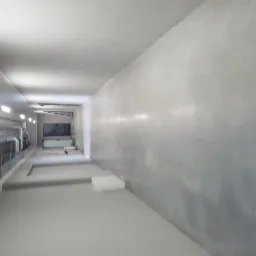 Wnętrze hali przemysłowej po wykonaniu gładkiej, szarej posadzki, widoczne instalacje pod sufitem oraz fragmenty ścian z szarą powłoką.