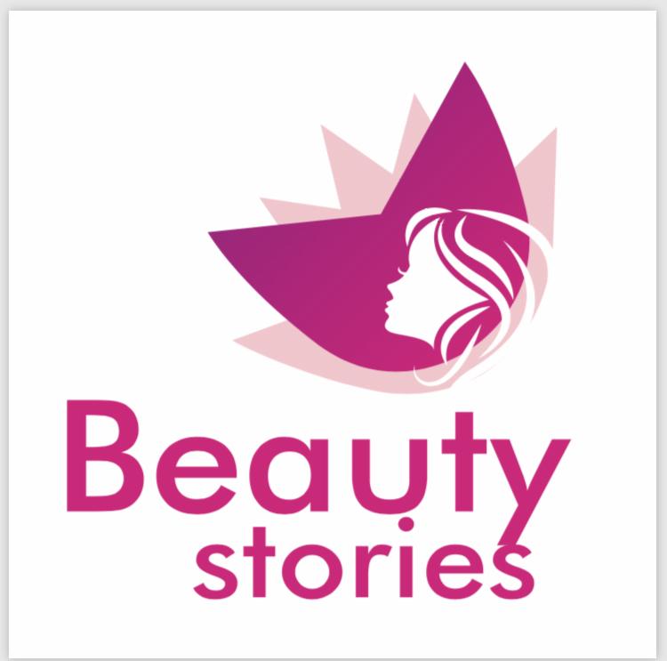 Logo firmy Beauty Stories z sylwetką kobiety i stylizowanym kwiatem w odcieniach fuksji.