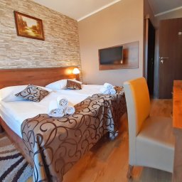 KAERTUR SPÓŁKA Z OGRANICZONĄ ODPOWIEDZIALNOŚCIĄ - Pokój hotelowy z łóżkiem małżeńskim, telewizorem i stolikiem z wodą mineralną. Ściana z dekoracyjną cegłą i obrazem. Krzesło z żółtym oparciem.