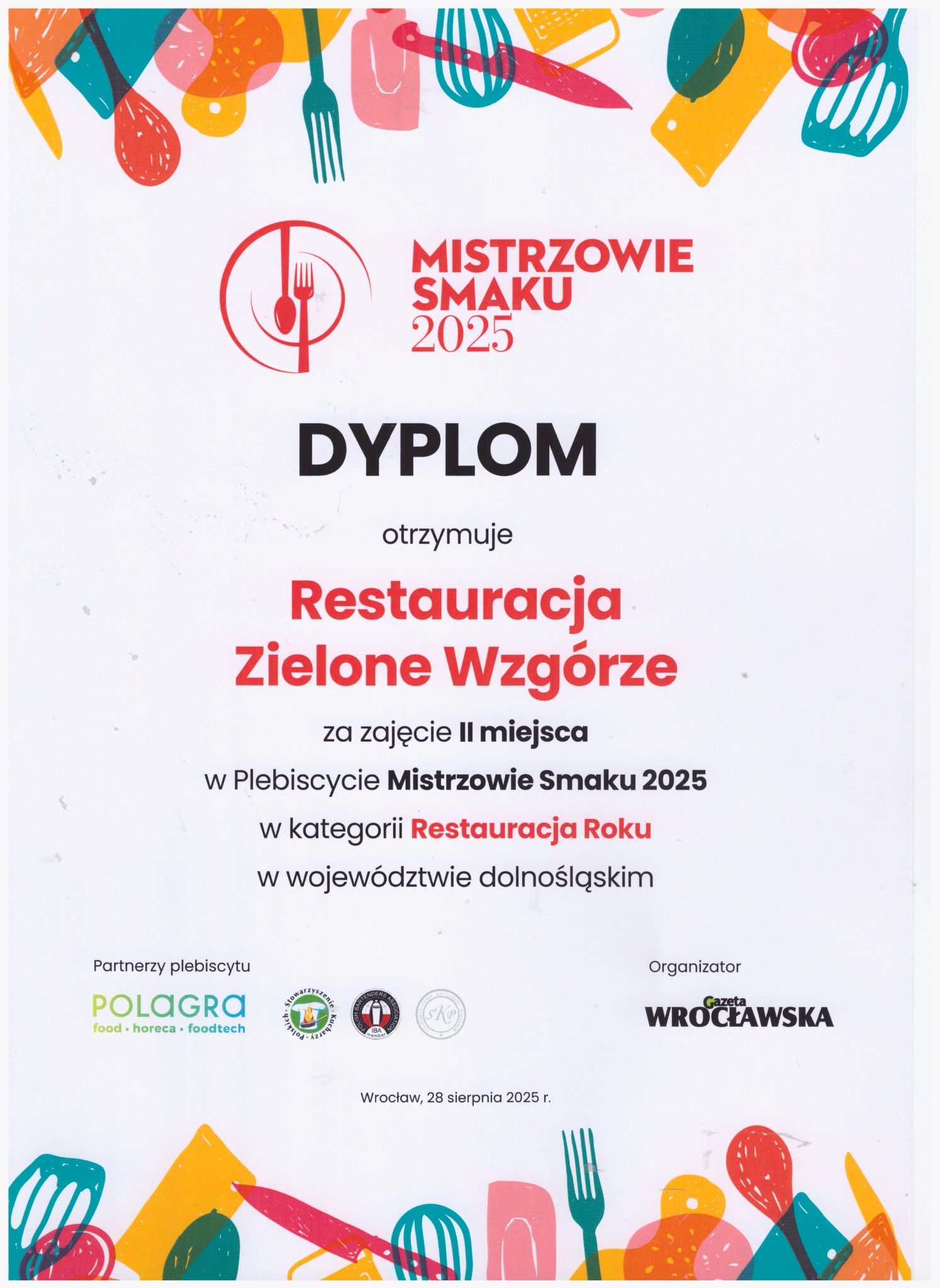 Dyplom dla Restauracji Zielone Wzgórze za zajęcie II miejsca w Plebiscycie Mistrzowie Smaku 2025 w kategorii Restauracja Roku, województwo dolnośląskie.