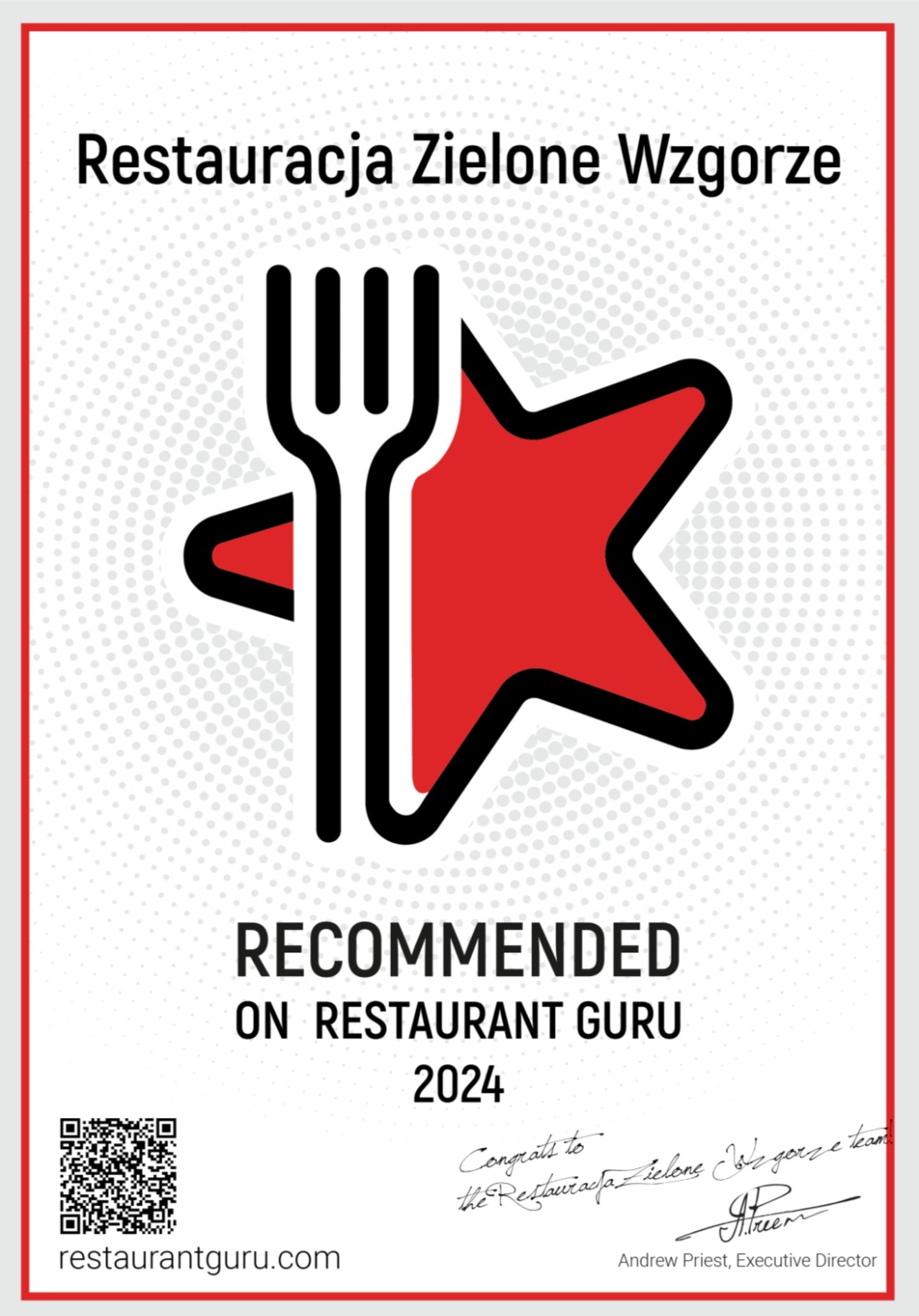 Rekomendacja Restaurant Guru 2024 dla Restauracji Zielone Wzgórze. Grafika z logiem widelec-gwiazda, podpis Andrew Priest, kod QR i adres restaurantguru.com.