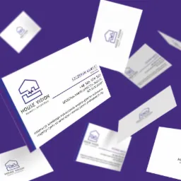 Wizytówki firmy House Vision oferującej remonty i wykończenia, z logo w kształcie domu i strzałki w dół, unoszące się na fioletowym tle.