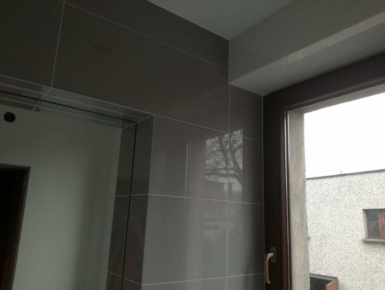 Szare, błyszczące płytki ułożone na ścianie wokół okna i drzwi, z cienkimi fugami i odbiciem drzewa w powierzchni płytek.