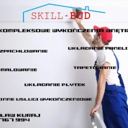 Grafika reklamowa firmy remontowej: mężczyzna w czerwonej czapce i niebieskim kombinezonie wygładza ścianę szpachelką, obok wypisane usługi: szpachlowanie, malowanie, układanie paneli, tapetowanie,...