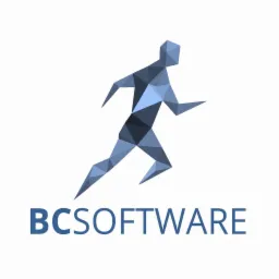 Logo firmy BCSOFTWARE przedstawia geometryczną sylwetkę biegnącej osoby w odcieniach niebieskiego, umieszczoną nad nazwą firmy zapisaną dużymi, niebieskimi literami.