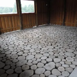 Podłoga altany wyłożona okrągłymi plastrami drewna o różnych średnicach, drewniane ściany i okno z widokiem na zieleń.