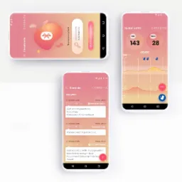 Trzy smartfony z aplikacją medyczną Carebits: jeden wyświetla ekran parowania urządzenia, drugi wyniki badania KTG z wykresem, a trzeci historię badań z interpretacjami.