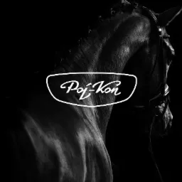 Czarno-białe zdjęcie profilu ciemnego konia z nałożonym logo 'Pój-Kon' w białej obwódce.