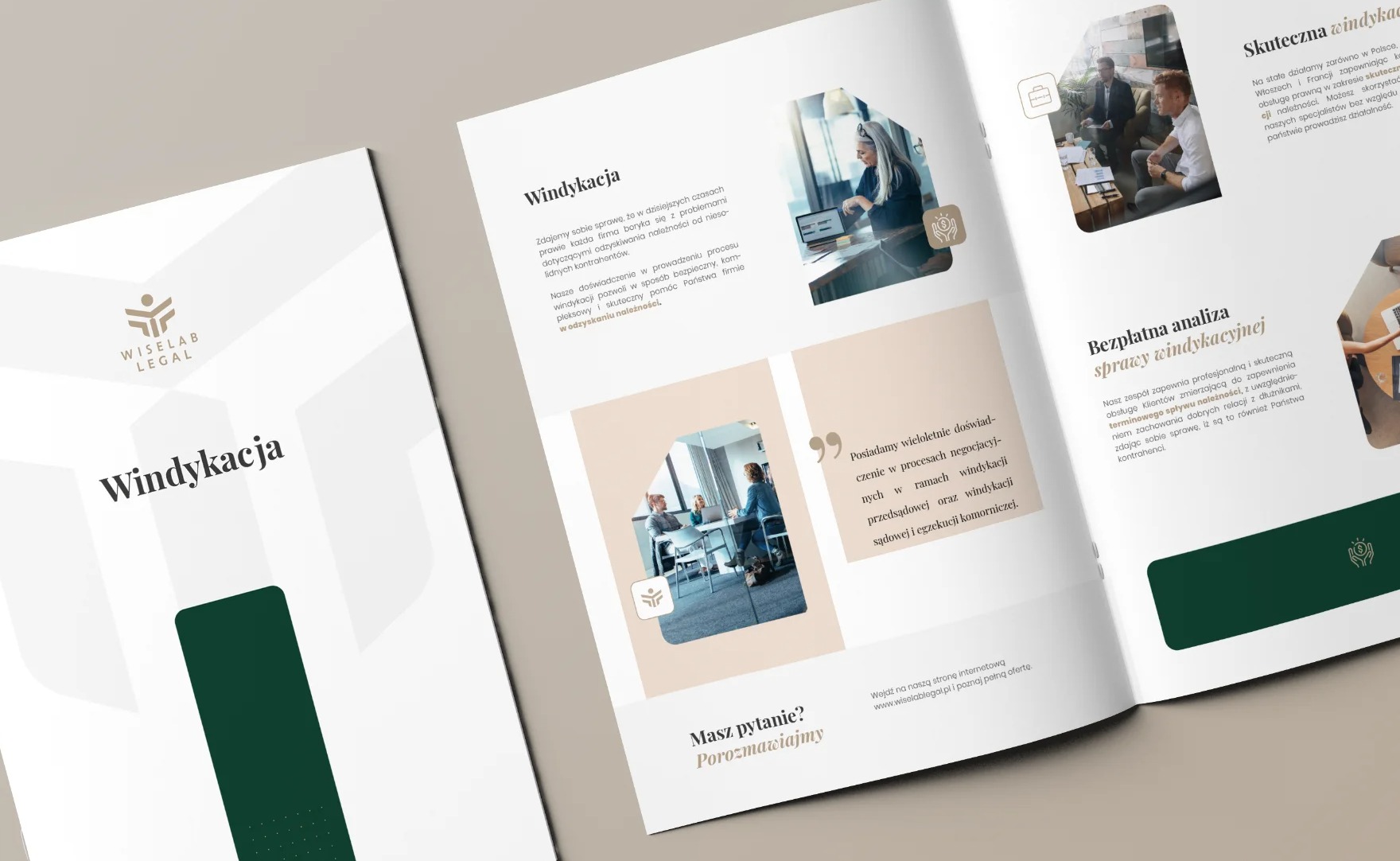 Rozkładówka broszury reklamowej firmy prawniczej Wiselab Legal, prezentująca usługi windykacyjne z wykorzystaniem zdjęć sytuacyjnych i ikonografiki w stonowanej kolorystyce.