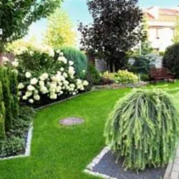 Zadbany ogr&oacute;d przydomowy z r&oacute;wno przystrzyżonym trawnikiem, ozdobnymi krzewami hortensji i iglakami, oraz drzewami liściastymi. Na trawniku widoczny okrągły element. W tle dom z czerwoną dach&oacute;wką.