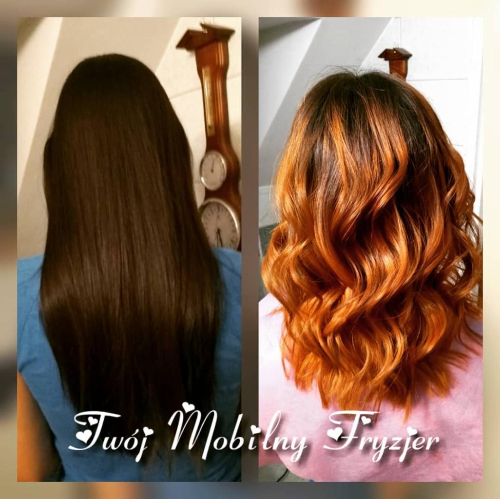 Porównanie włosów przed i po koloryzacji: długie, ciemnobrązowe włosy przed zabiegiem, a po zabiegu krótsze, falowane włosy w odcieniach miedzi i brązu, widoczny zegar na ścianie w tle.