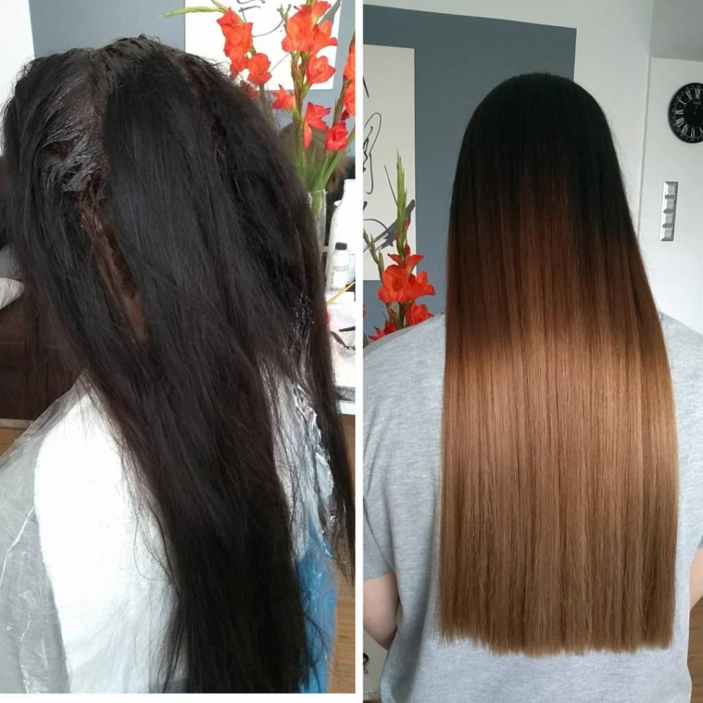 Dzielone zdjęcie: po lewej włosy przed koloryzacją, z odrostami i nałożonym preparatem; po prawej włosy po koloryzacji, ombre od ciemnego brązu do jasnego brązu, proste i lśniące.