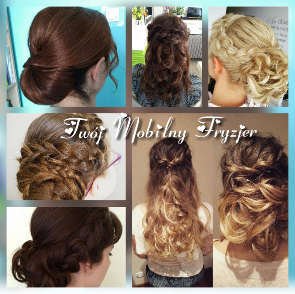 Kolaż fryzur: upięcia, warkocze, fale, ombre, z widocznym napisem 'Twój Mobilny Fryzjer'.